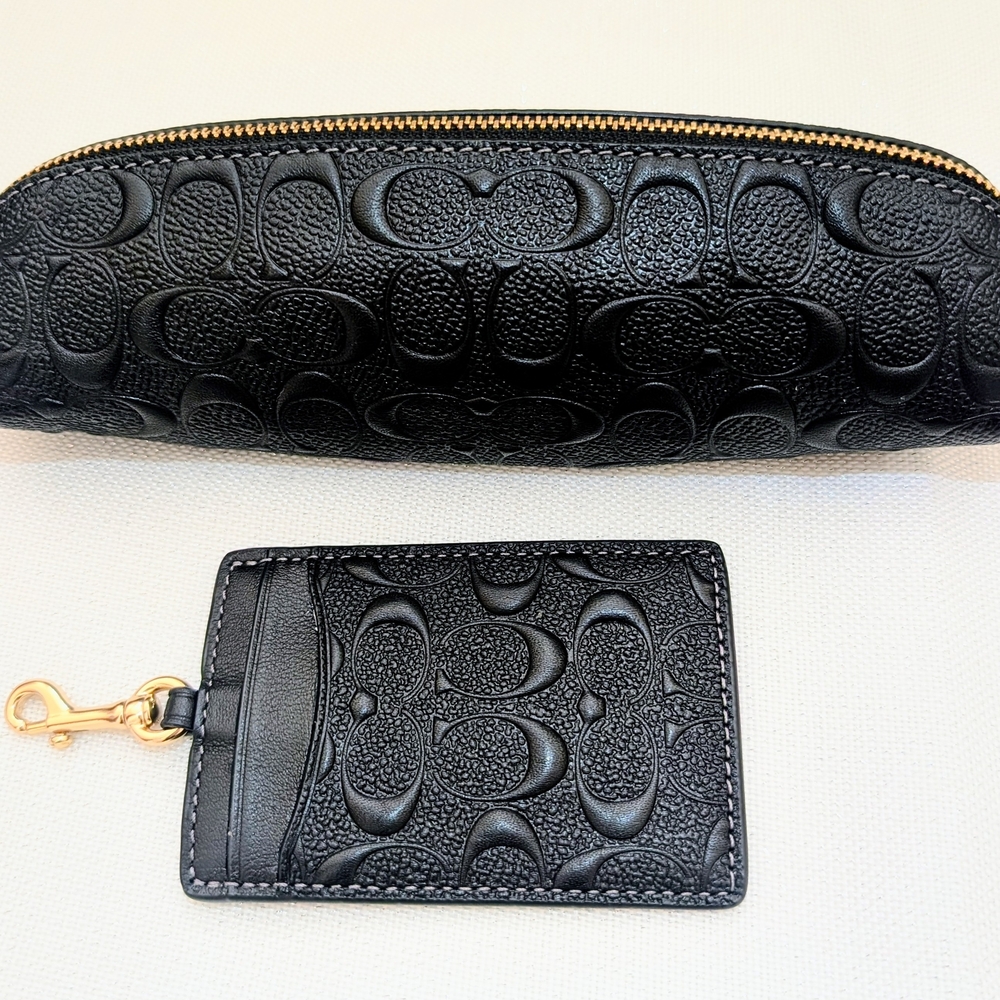 Coach Black Embossed Signature Pouch & Card Case with Gold Hardware